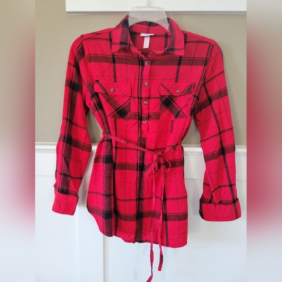 Isabel Maternity, Long Sleeve Plaid Collared Shirt w/Tie Waist, Red/Black, Med - Picture 1 of 6